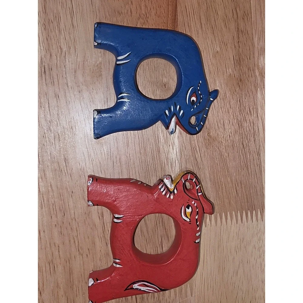 Vintage folk art set of six hand painted and carved animal napkin rings